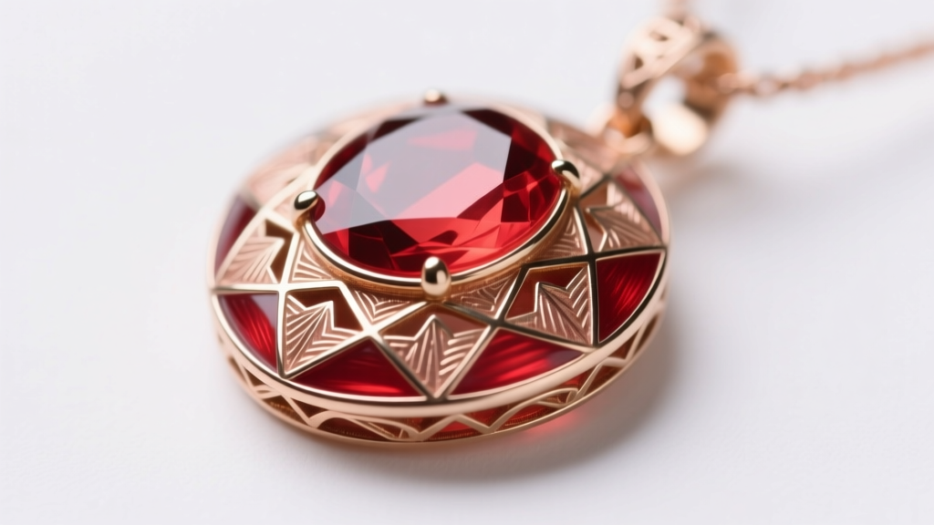 Macro photo of antique Fabergé guilloché enamel pendant in translucent red over engine-turned rose gold under soft studio lighting