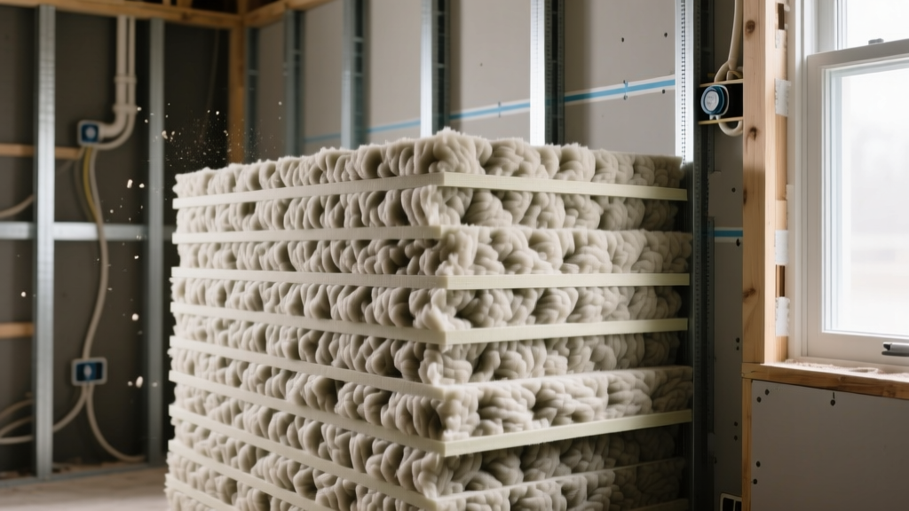 Close-up of high-density rigid mineral wool insulation boards stacked against a framed interior wall during a soundproofing retrofit project
