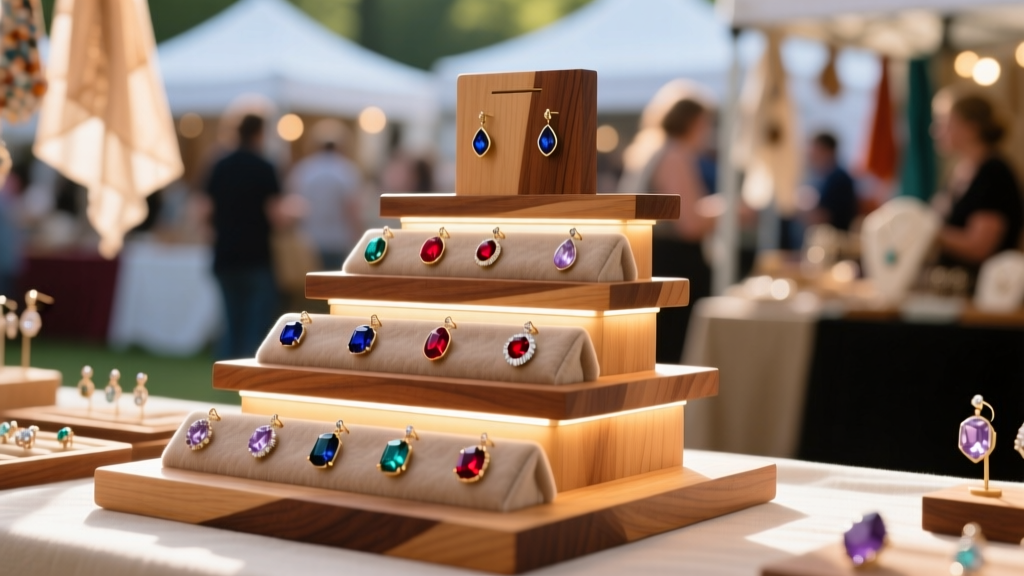 Tiered maple wood earring display riser at a craft fair, featuring velvet backing and LED lights highlighting gemstones.