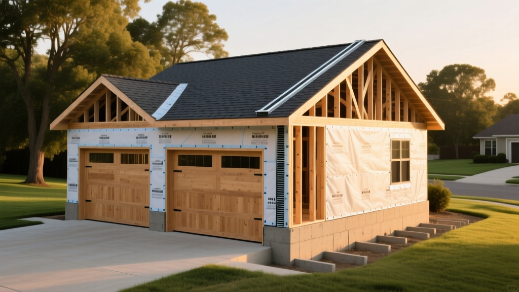 Detached two-car wood-framed garage with asphalt shingles under construction, showing exposed foundation footings and climate adaptations