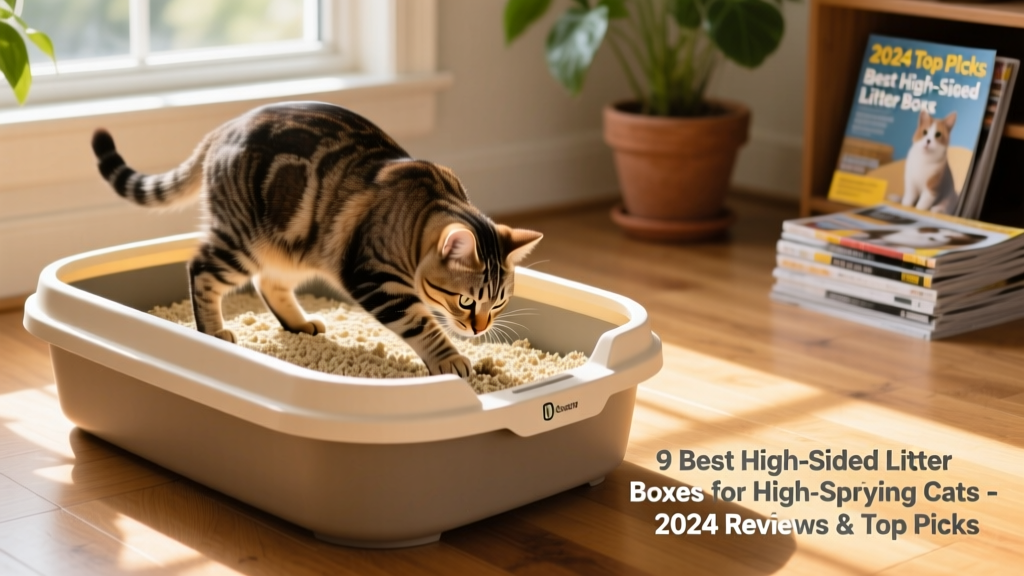 Cat using a high-sided litter box with visible splash guard rim in action