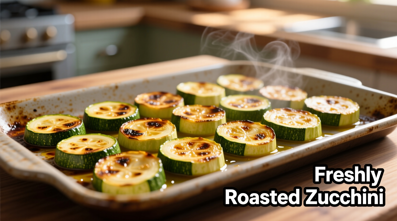 Perfectly roasted golden zucchini slices on baking sheet