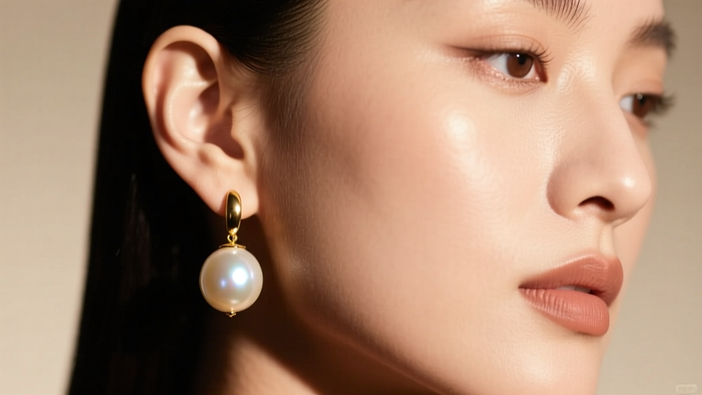 Close-up of a model wearing a large 14mm pearl drop earring, showing slight earlobe drooping under warm directional studio light.