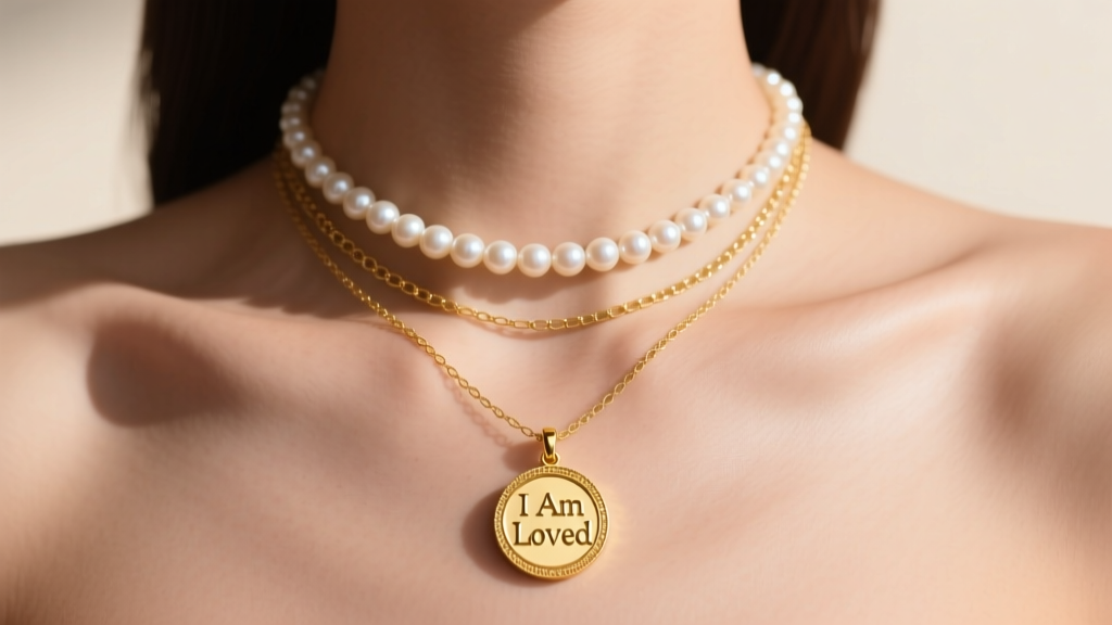Collarbone showing an I Am Loved gold vermeil pendant layered with a delicate pearl choker and a 22-inch gold satellite chain.