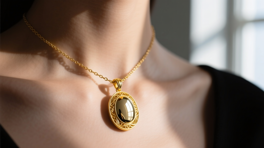Macro shot of a 14k yellow gold pendant reflecting a softbox, showing controlled highlights and deep shadows on the collarbone.