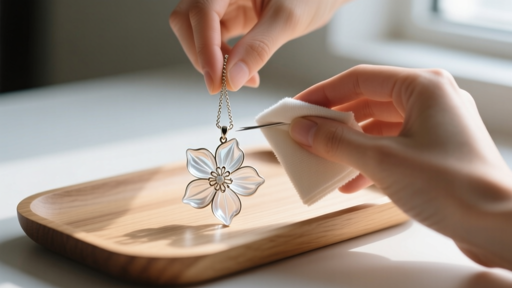 Hands gently cleaning a delicate glass flower pendant necklace with a microfiber cloth over a light oak wooden jewelry tray.