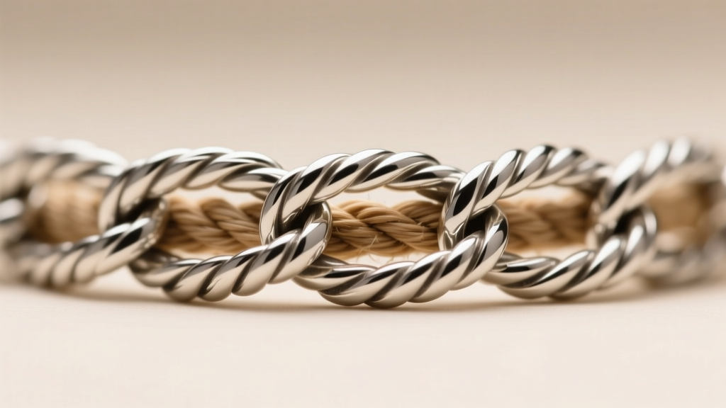 Macro view of woven sterling silver wheat chain links beside twisted rope links, revealing tight metal weaving under soft light