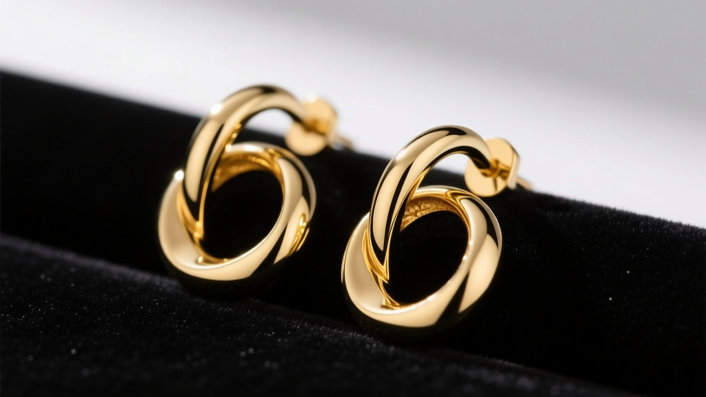 Macro photography of 18k yellow gold infinity earrings resting on black velvet, highlighting polished figure-eight loops.