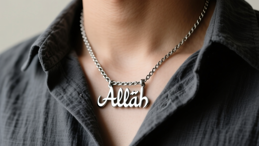 A 316L stainless steel Allah nameplate necklace worn over dark linen, highlighting the brushed metal finish and sturdy box chain.