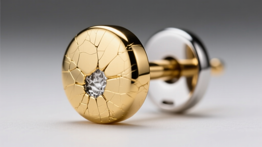 Macro photography showing the micro-abrasions on a PVD gold-plated earring post, revealing the silver 316L steel base underneath
