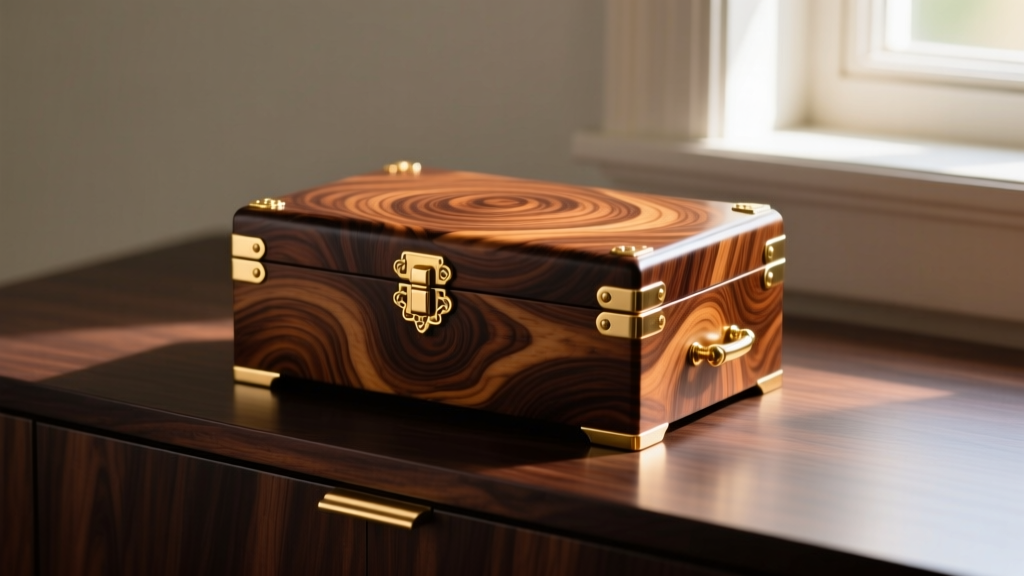 Amboyna burlwood jewelry box on a dark dresser, warm light highlighting swirling grain patterns and polished brass hardware