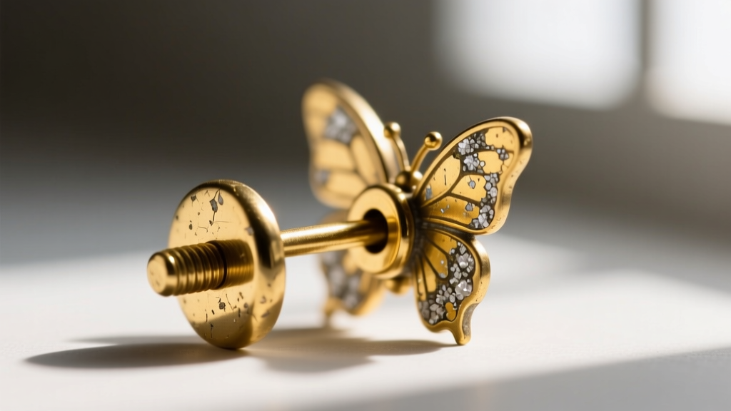 Macro view of worn gold-plated brass earring post showing microscopic flaking and oxidation near the butterfly back friction area