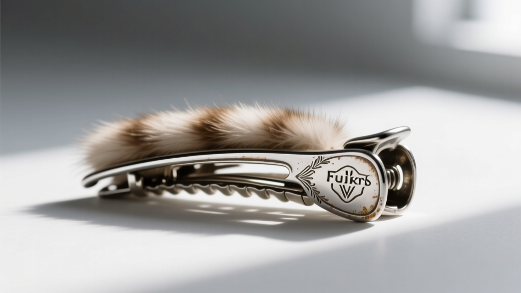 Macro shot of a stamped makers mark on the back of a silver-toned vintage fur clip, showing crisp metal details and slight patina