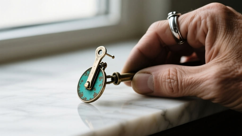 Close-up of a vintage paddle-back clip earring mechanism with slight patina, resting beside a jeweler