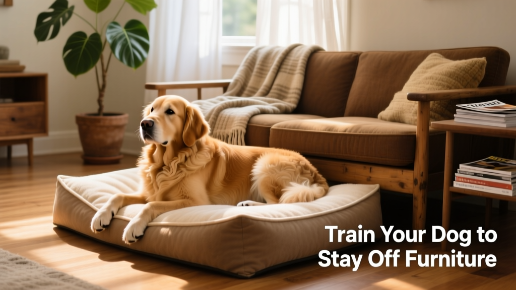 A calm dog resting on a cozy dog bed beside a living room couch, looking relaxed and content