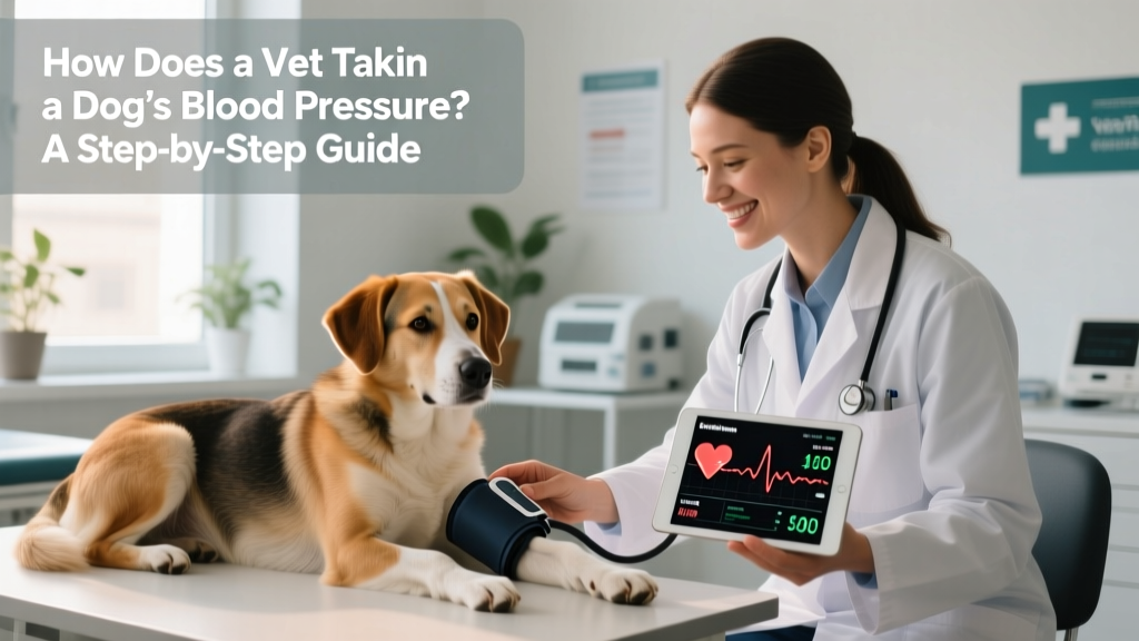 Calm dog resting beside a veterinarian holding a blood pressure cuff and tablet displaying health metrics