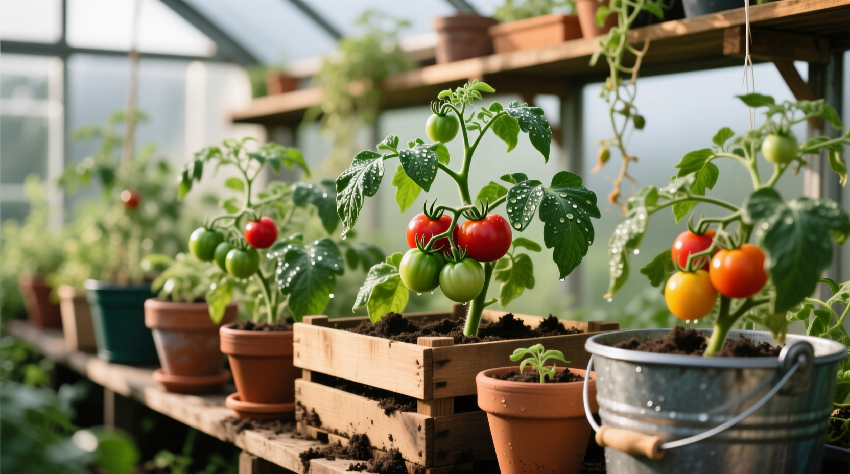 Tomato plants growing in various container sizes side by side