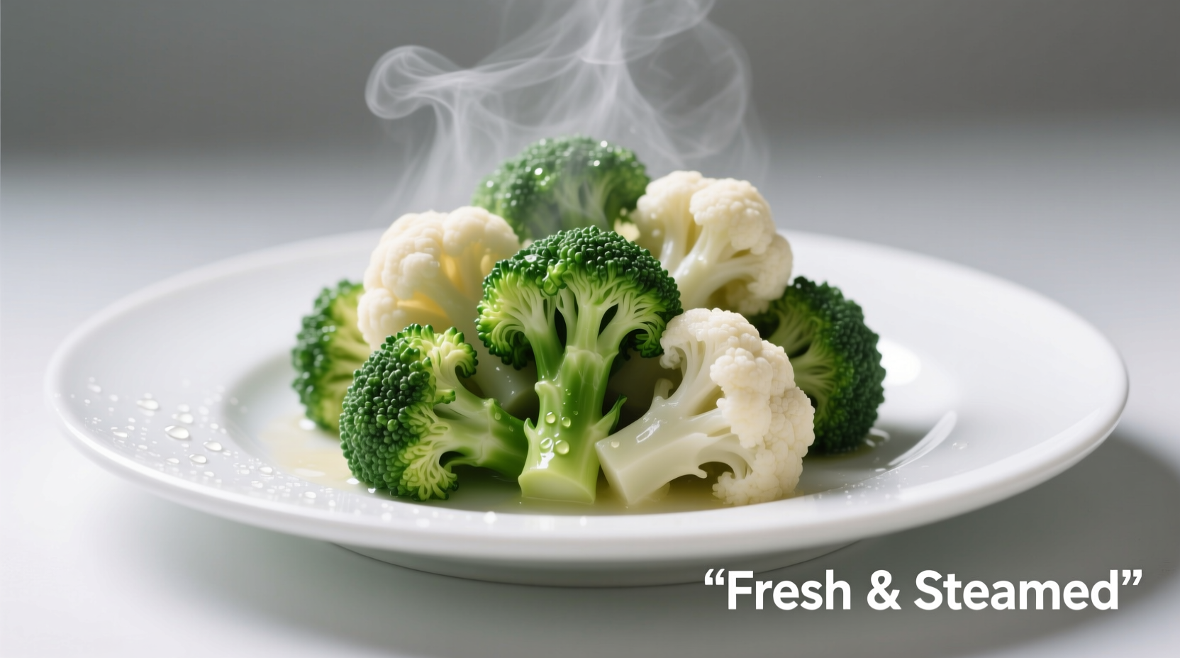 Perfectly steamed broccoli and cauliflower on white plate