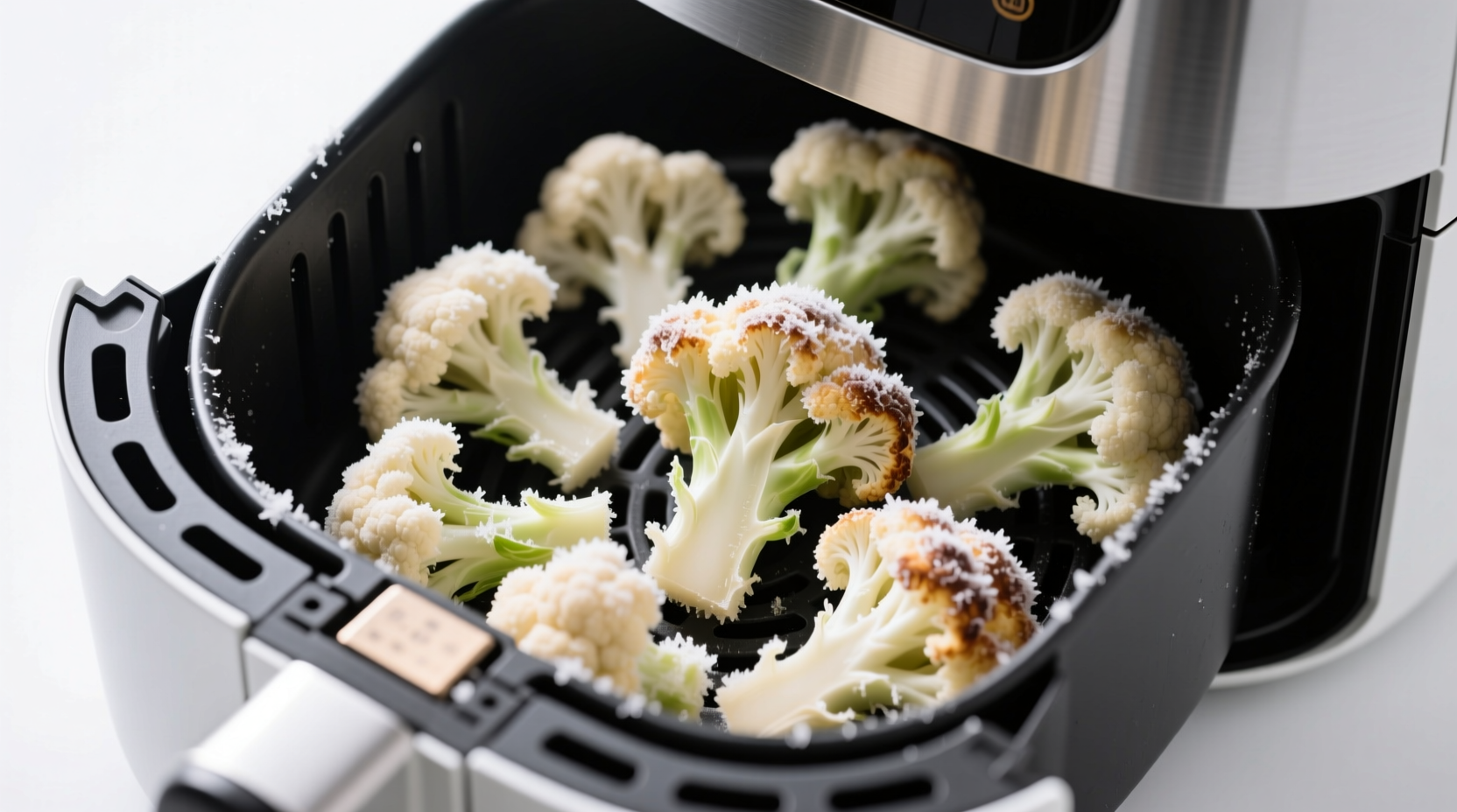 Weeknight dinner rush: frozen cauliflower florets air frying at 400°F for 15 minutes, achieving restaurant-style crispness without thawing—ideal for time-pressed households