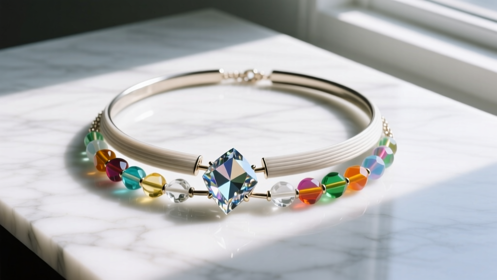 Flat lay of millennium necklace parts featuring bioflex chokers, lab-grown crystals, and recycled acrylic beads on white marble