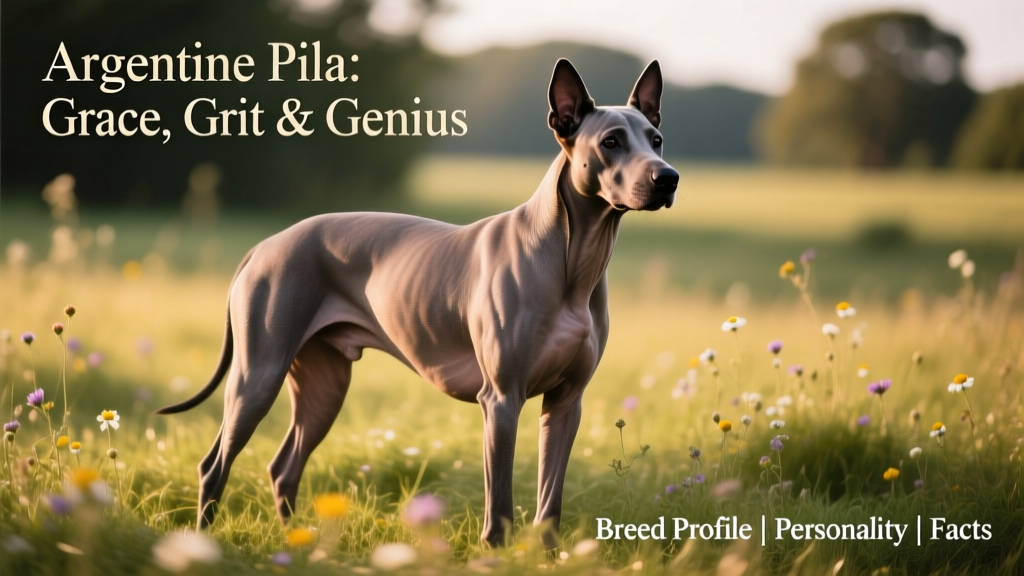 A sleek, muscular Argentine Pila standing alert on grass, showcasing its smooth, hairless skin and expressive dark eyes