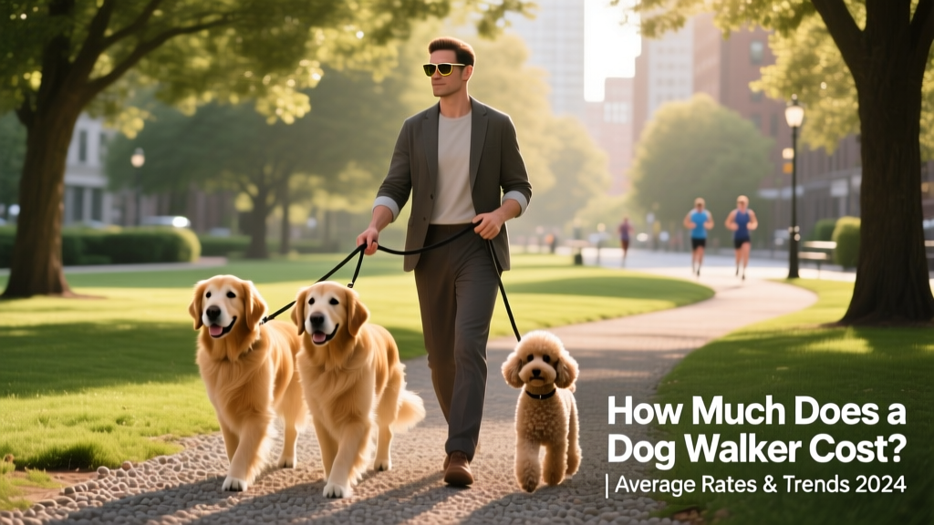 A dog walker guiding three well-behaved dogs through a sunlit park