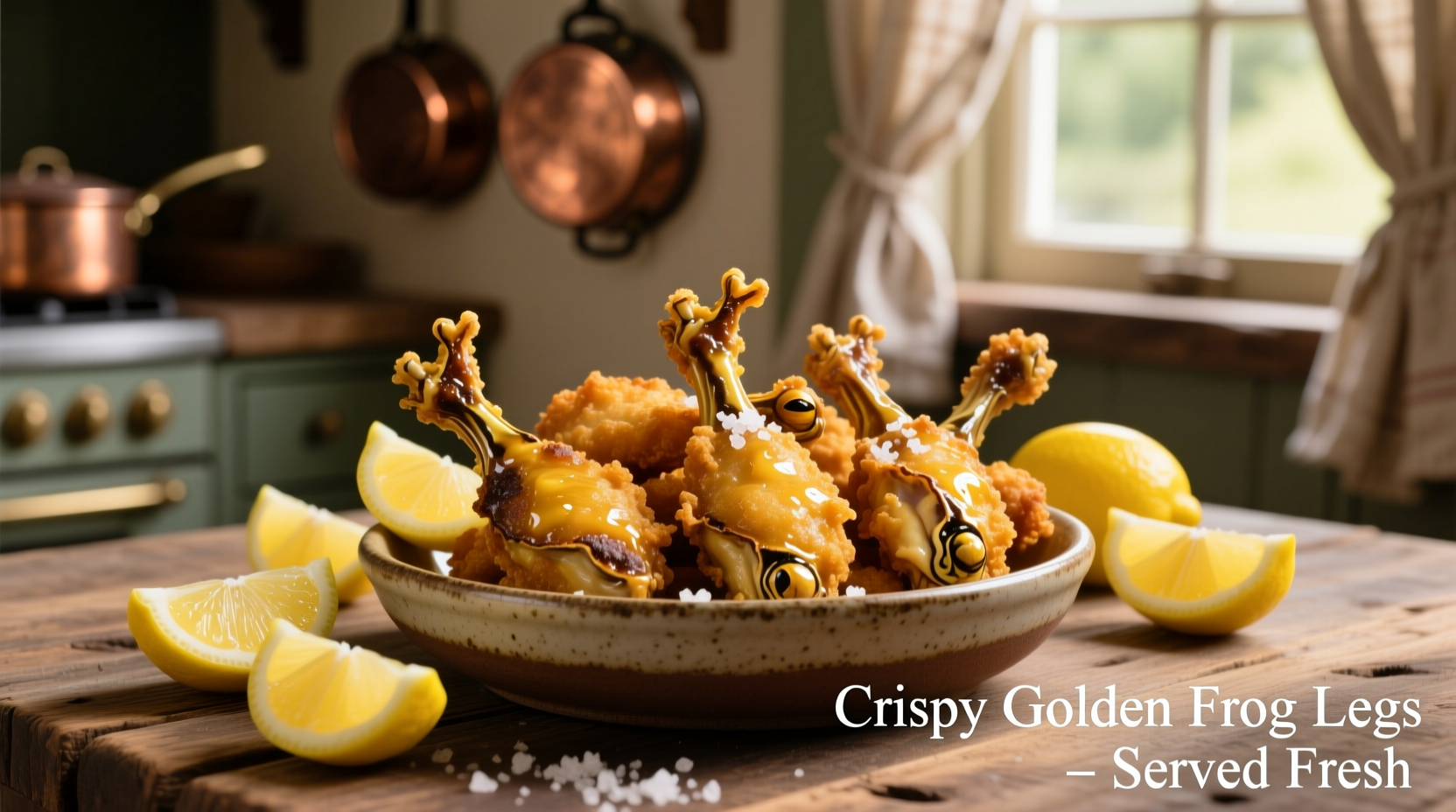 Golden brown fried frog legs with lemon wedges