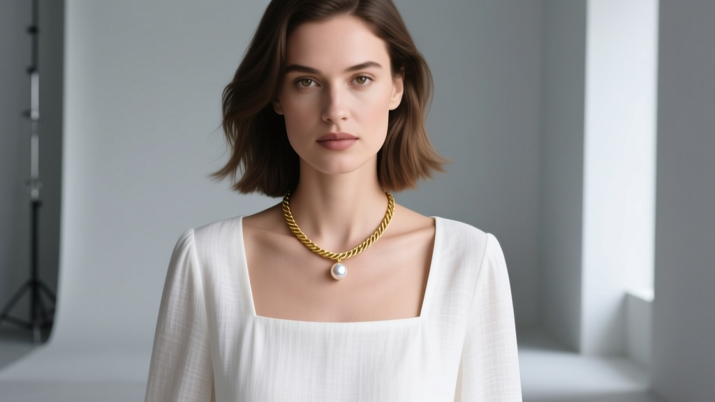 Woman layering a 16-inch gold cable chain necklace with a small pearl drop pendant over a modern white square-neck linen blouse.