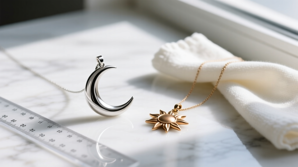 Flat lay of sterling silver crescent moon and brass sun pendants on marble, alongside a jewelry ruler and soft polishing cloth.