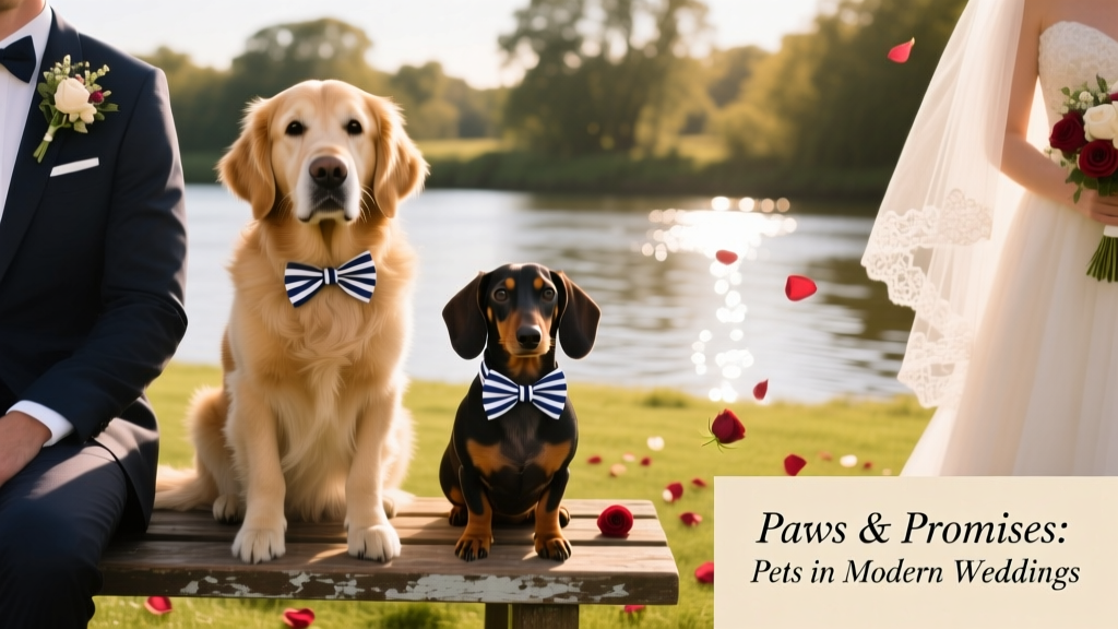 Two dogs wearing matching striped bow ties, sitting side-by-side on a wooden bench at a riverside wedding ceremony