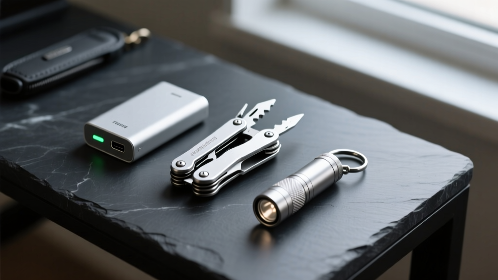 Flat lay of ultra-compact everyday carry gear including a silver micro-multitool, tiny USB-C power bank, and keychain flashlight on dark slate desk