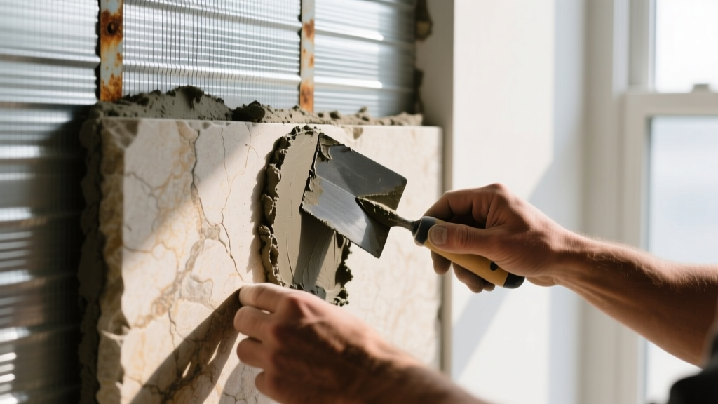 Close-up of a mason applying Type S mortar to the back of a manufactured limestone veneer piece before pressing it onto a galvanized lath scratch coat exterior wall