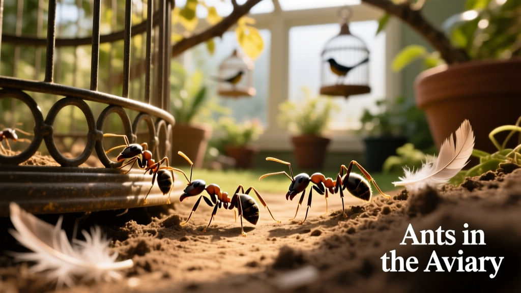 Close-up of ants moving along a narrow trail near a bird cage base