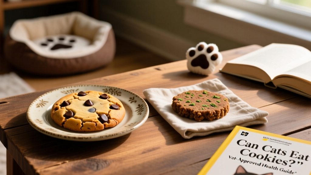 Side-by-side comparison: human chocolate chip cookies vs. safe, grain-free cat treats