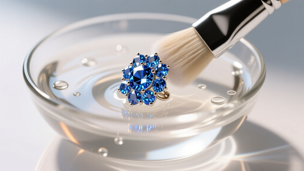 Soft jewelry brush cleaning a sapphire diamond cluster earring in a glass bowl of warm soapy water under bright studio lighting.
