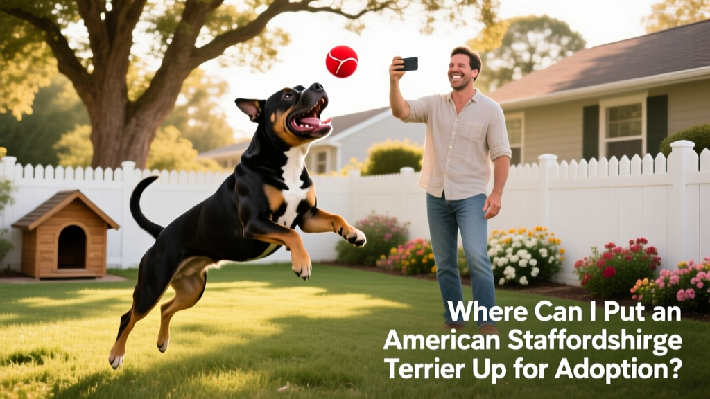 A happy American Staffordshire Terrier playing fetch in a fenced yard with a smiling adult
