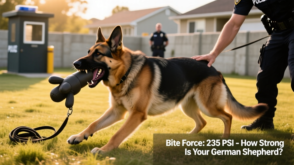 German Shepherd gently holding a training dummy during police K9 exercise