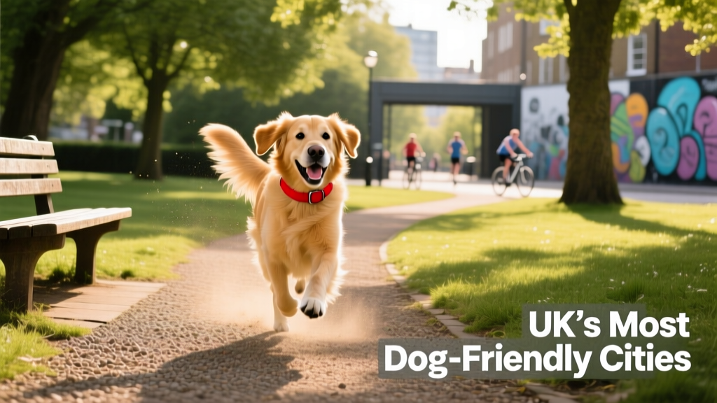 A joyful dog exploring a sun-dappled urban park with benches, trees, and walking paths