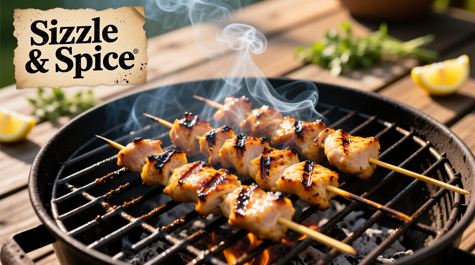 Chicken kebabs grilling on BBQ with crosshatch marks