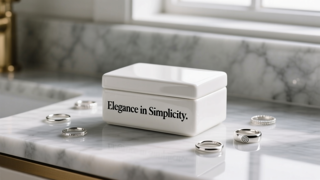 White ceramic Rae Dunn jewelry box with black skinny typography on a marble vanity, surrounded by scattered sterling silver rings.