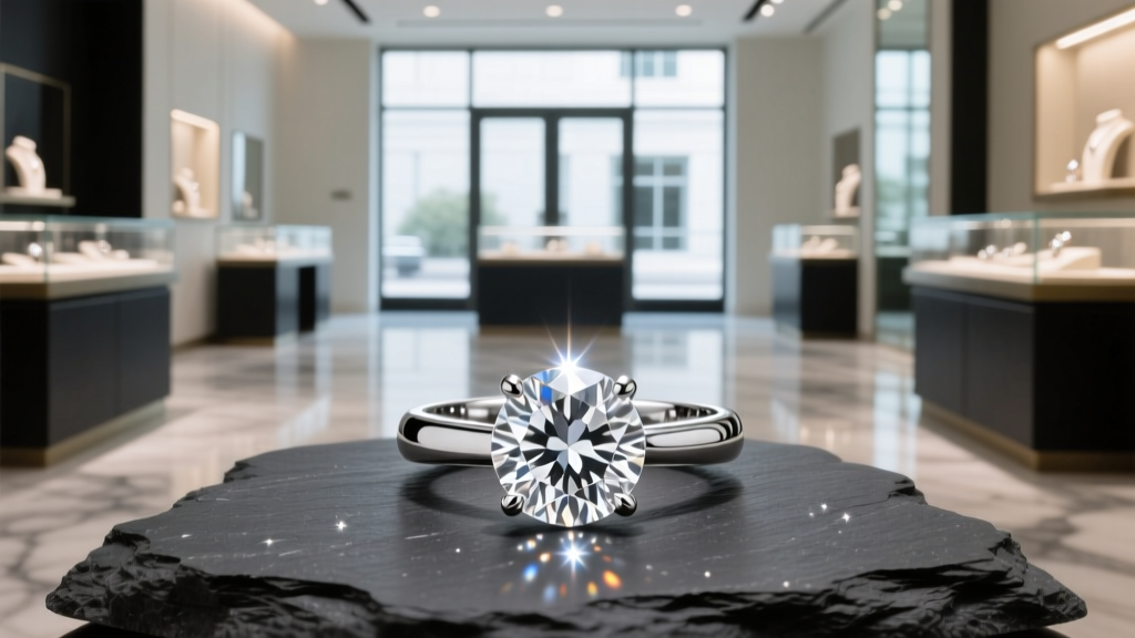 Macro shot of a platinum solitaire engagement ring with a round brilliant diamond on dark slate inside a Houston jewelry boutique