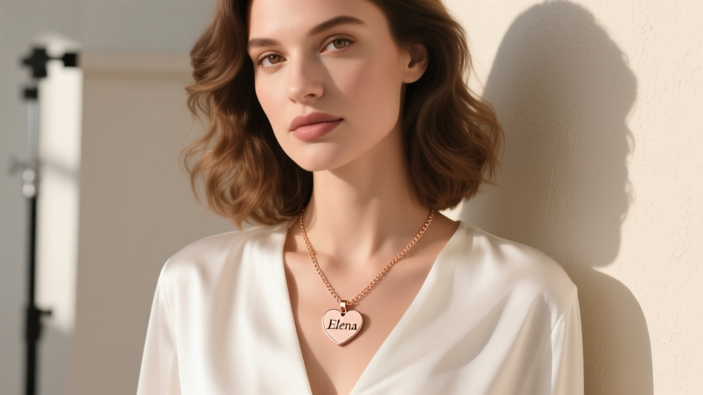 Woman wearing a 1.2mm rose gold box chain with a small cut-out heart nameplate pendant layered over a white silk blouse.