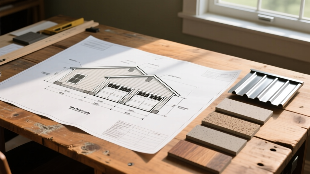 Detached three-car garage blueprint with fiber cement siding and metal roofing material samples resting on a wooden drafting desk