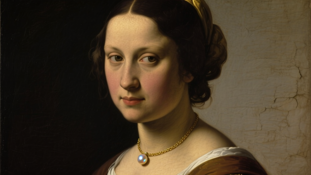 Chiaroscuro portrait of a woman wearing a 15mm South Sea pearl pendant on an 18k gold chain, evoking Dutch Golden Age art