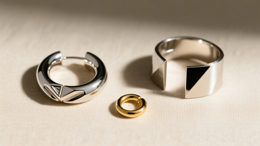 Flat-lay of three single left earrings including a chunky silver hoop, tiny gold huggie, and ear cuff on beige linen fabric.