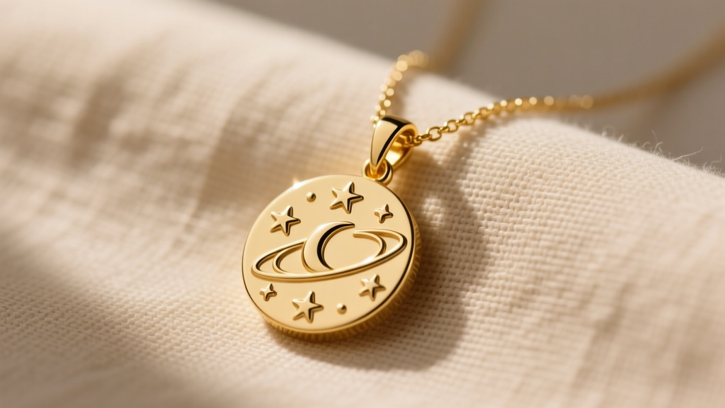 Close-up of a delicate 14k solid gold celestial pendant necklace resting on beige linen fabric in soft natural morning light.