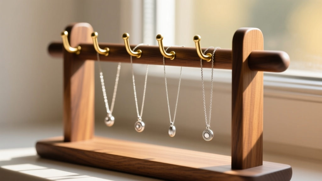 Close-up of a wooden DIY jewelry holder with brass hooks, displaying silver necklaces without tangling in warm sunlight.