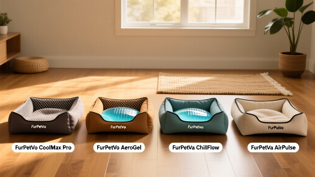 Side-by-side comparison of four FurPetVo cooling dog beds on hardwood floor