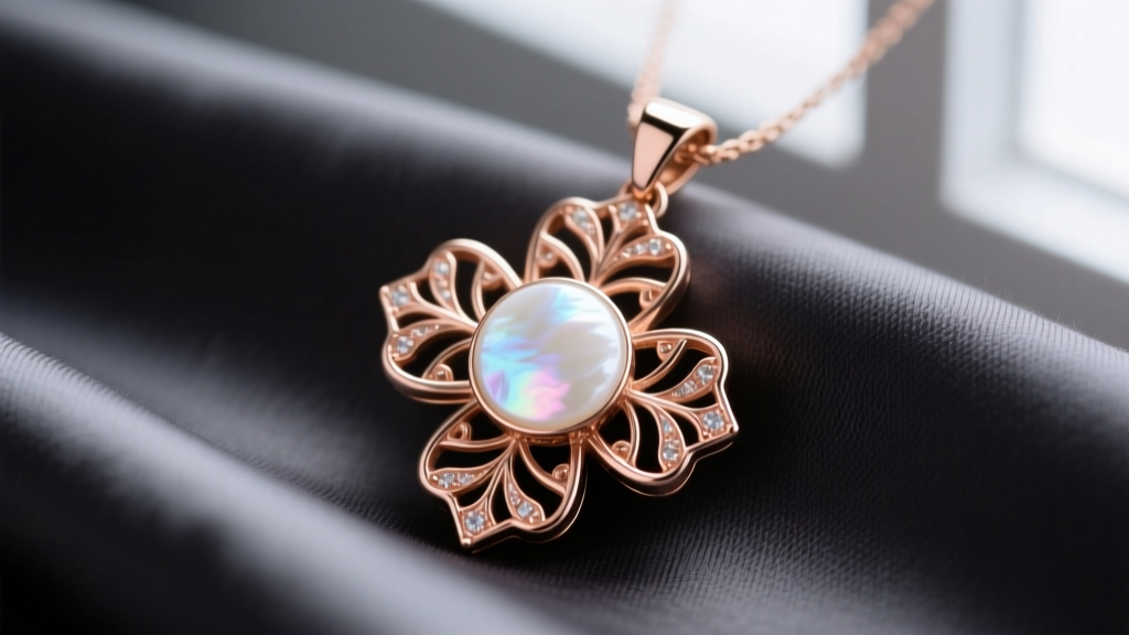 Close-up macro shot of an 18k rose gold designer clover pendant featuring genuine white mother-of-pearl inlay on silk fabric