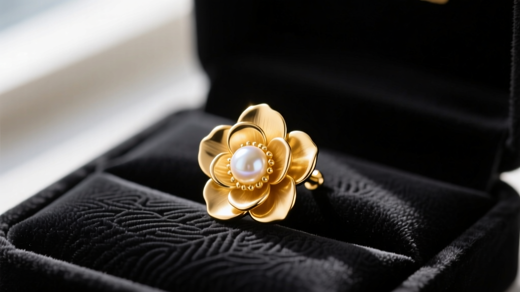 Close-up of 18k gold vermeil camellia flower stud earring with central freshwater pearl, resting on a dark velvet jewelry box lid.